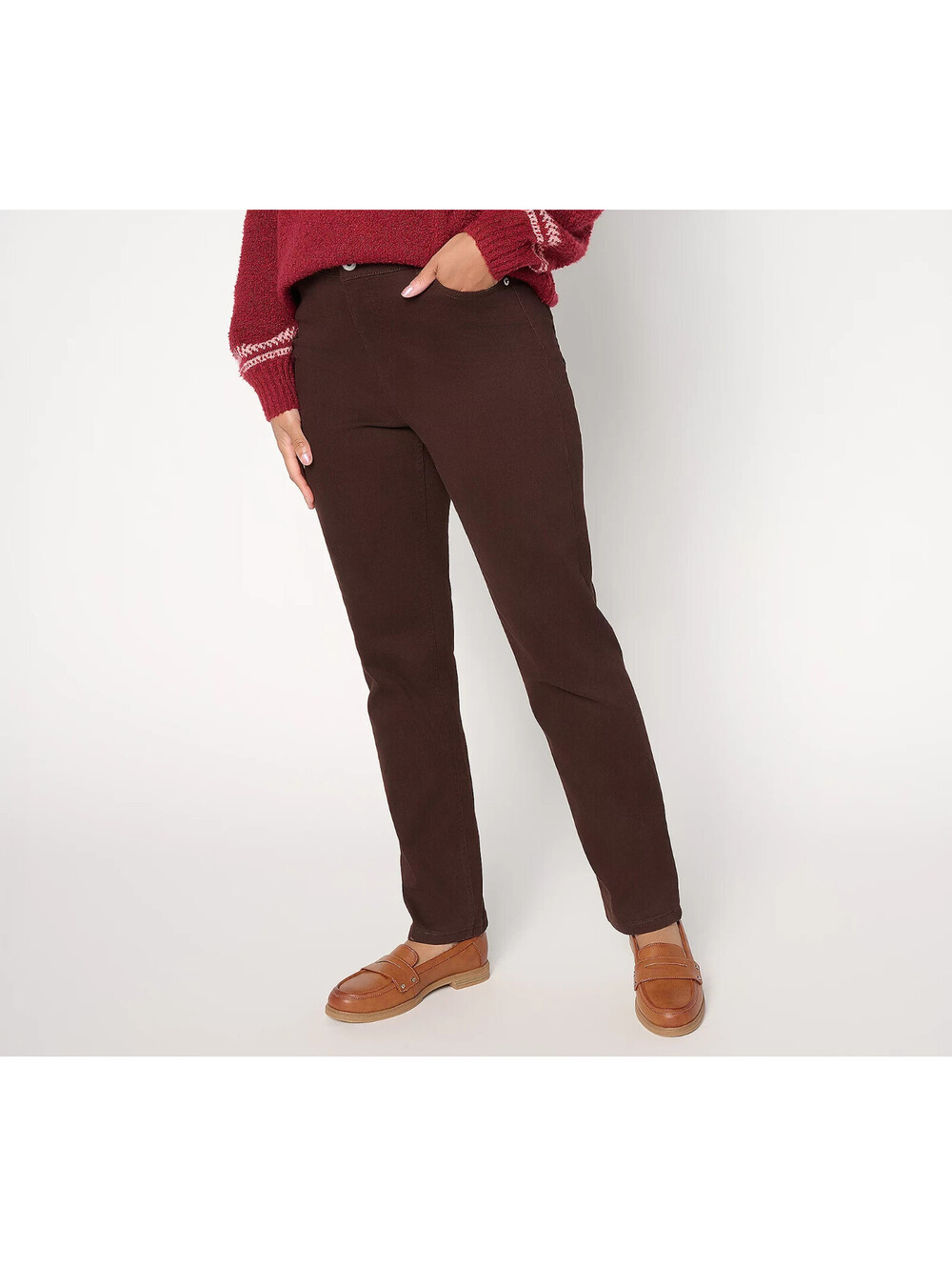 Denim & Co. Regular Woven Twill Slim Straight Pants Dark Chocolate, 12 #531F